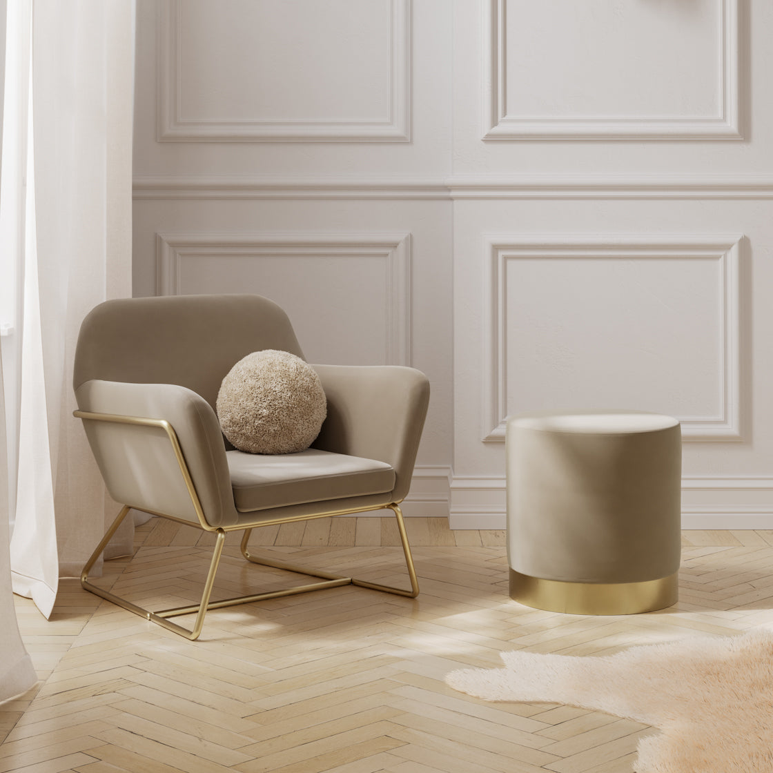 Charles Chair and Lara Small Pouffe Beige Velvet and Brushed Gold