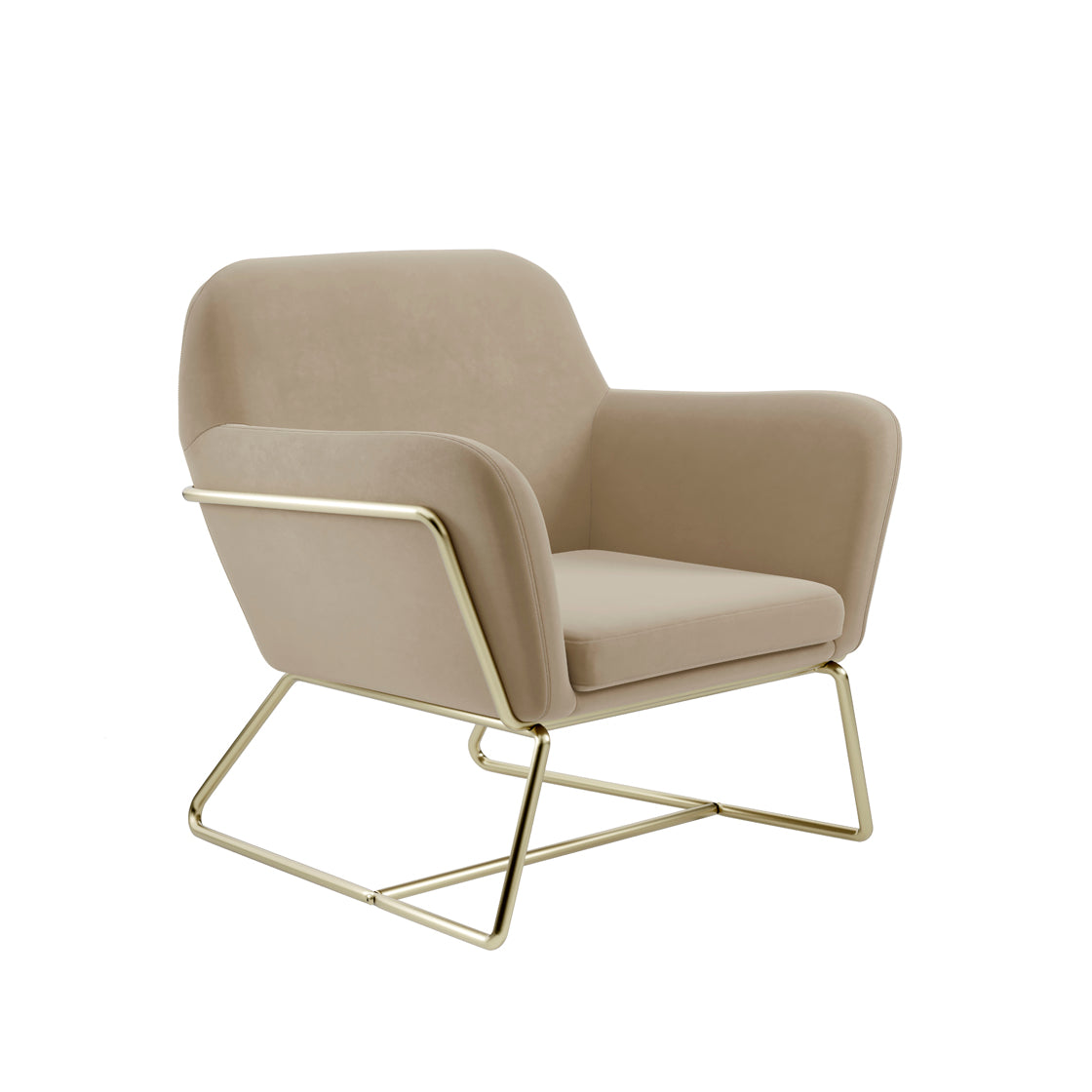 Charles Chair and Lara Small Pouffe Beige Velvet and Brushed Gold