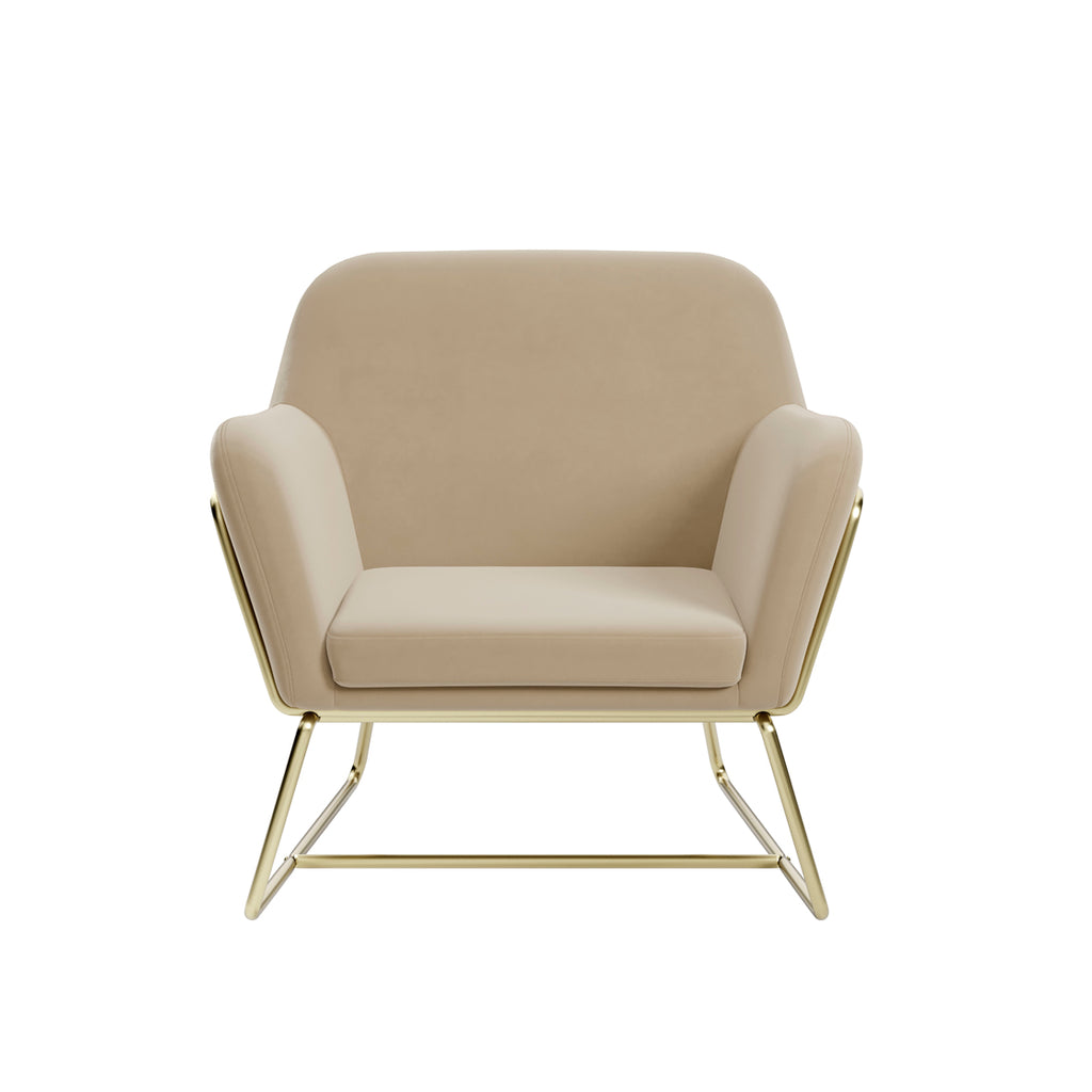 Charles Chair and Lara Small Pouffe Beige Velvet and Brushed Gold